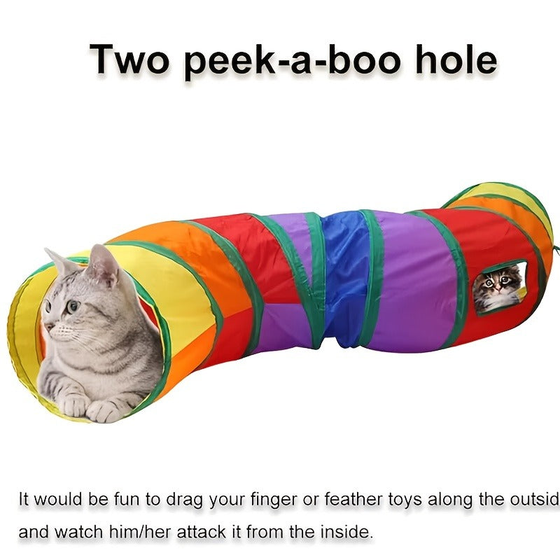 Collapsible Cat Tunnel Toy - Foldable S-Shaped & 3-Way Tube with Ball & Peek Holes, Rainbow Colors, Connectable Cat Play Tunnel for Indoor Cats & Kittens, 1pc or 2-Pack Bundle