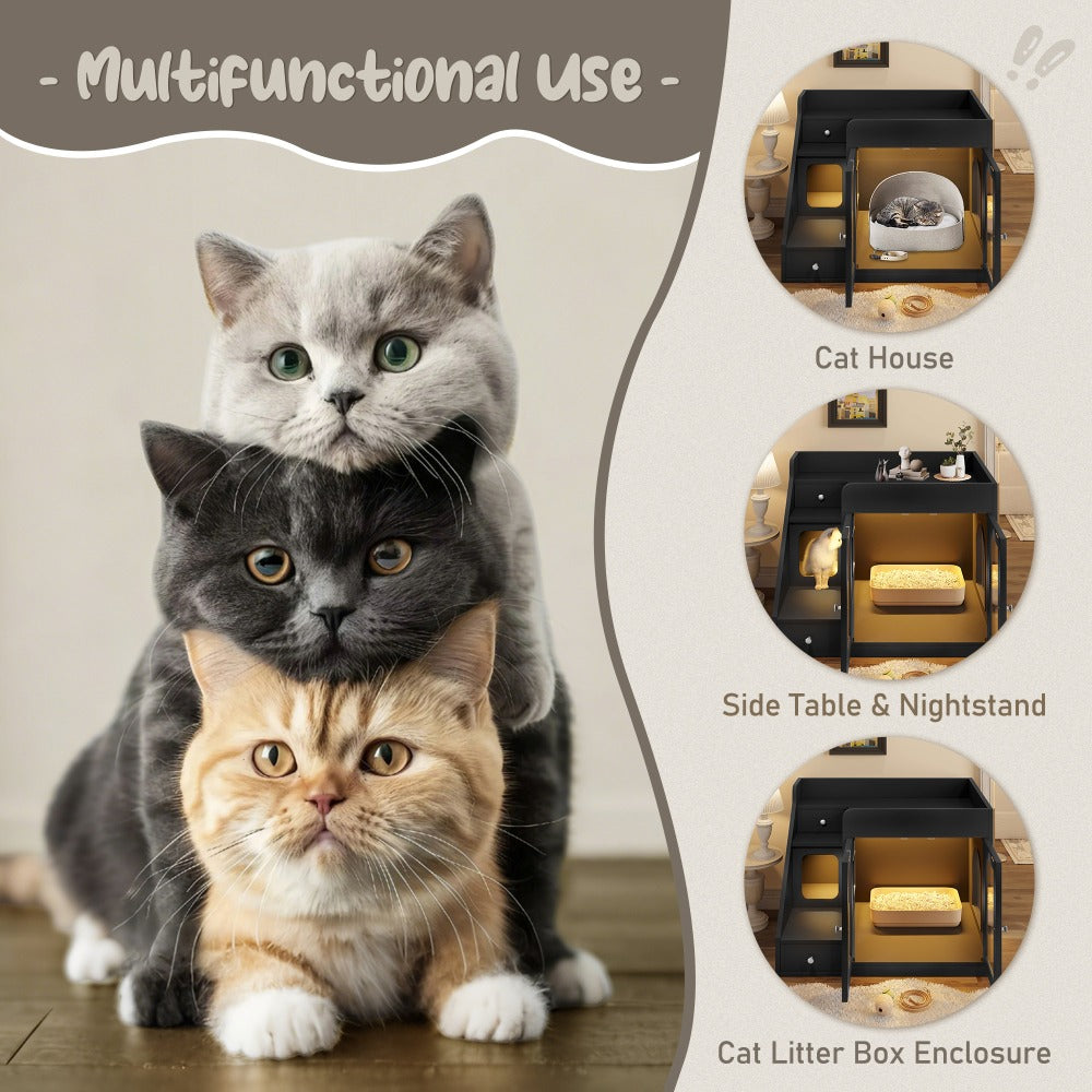 Cat Litter Box Enclosure Furniture Hidden Cabinet with LED Light & 2 Drawers – MDF Indoor Cat House Side Table with Acrylic Door, Stair Steps & 110 lb Capacity, Gray White Black