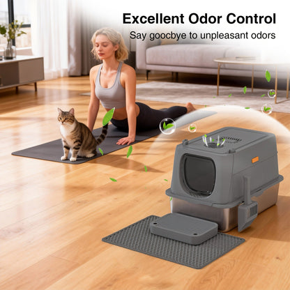 Extra Large Enclosed Cat Litter Box - Stainless Steel with Front Flap Door, Foldable Anti-Splash Fully Covered Design, Superior Odor Control Indoor Cat Toilet, 3 Colors, CITYLIFE Oversized