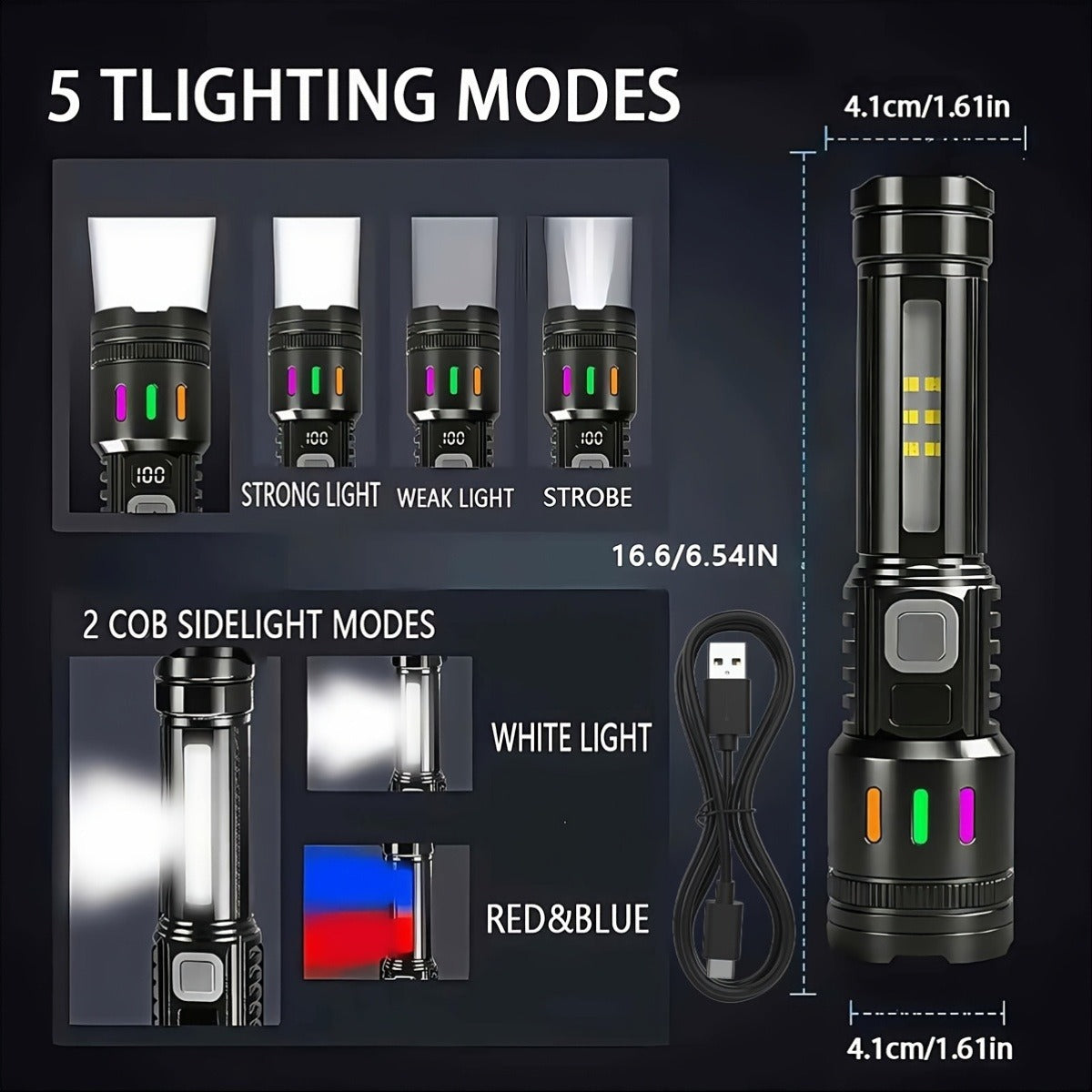 3000 Lumen Tactical Flashlight 2-Pack – USB-C COB Zoomable