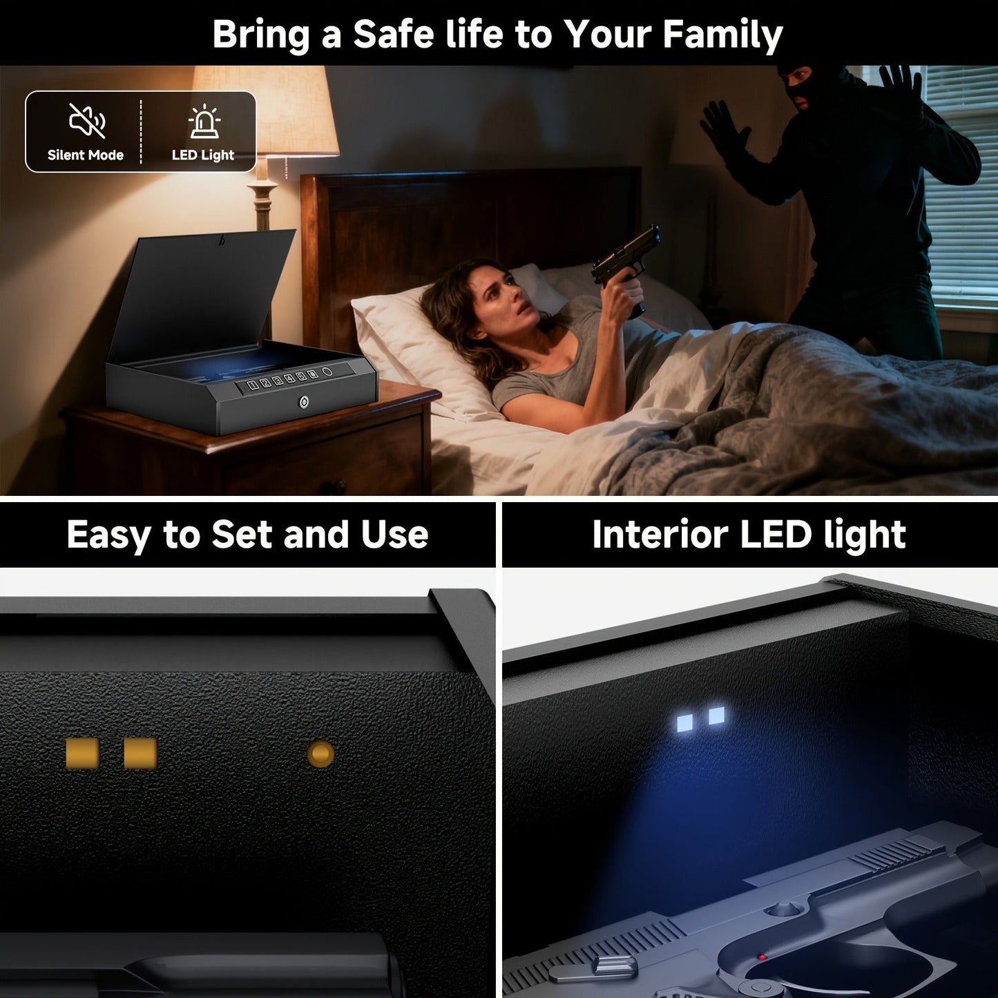 Biometric Gun Safe Fingerprint Digital PIN & Key Unlock 3-Way Access Internal Light Silent Mode Emergency Power Supply Gun Lock Box for Home Bedroom Nightstand Car
