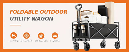 Heavy-Duty Folding Wagon Cart – All-Terrain Collapsible Utility Cart for Camping, Beach, Grocery, Gardening & Pet Outings