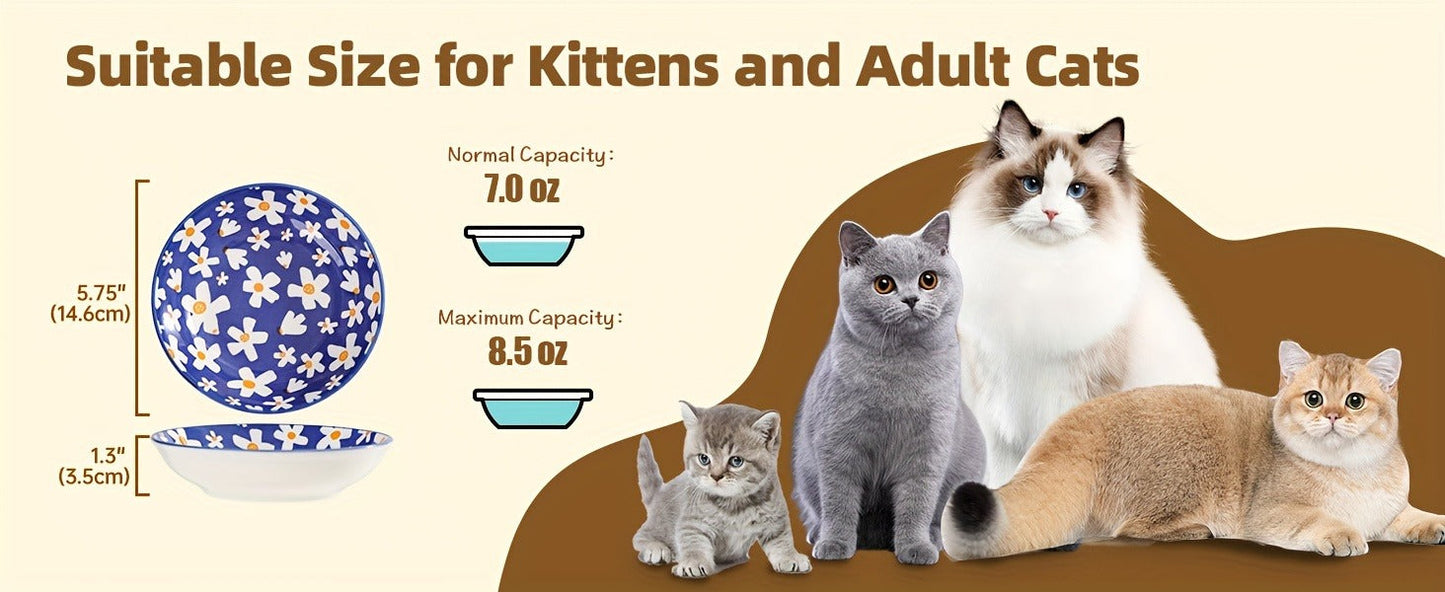 Ceramic Cat Bowls Set of 6 – Shallow Wide Cat Food Plate Whisker Friendly with Non-Slip Mat, Fairy Tales Colorful Design, 5.75" Microwave & Dishwasher Safe Cat Dish 8.5oz