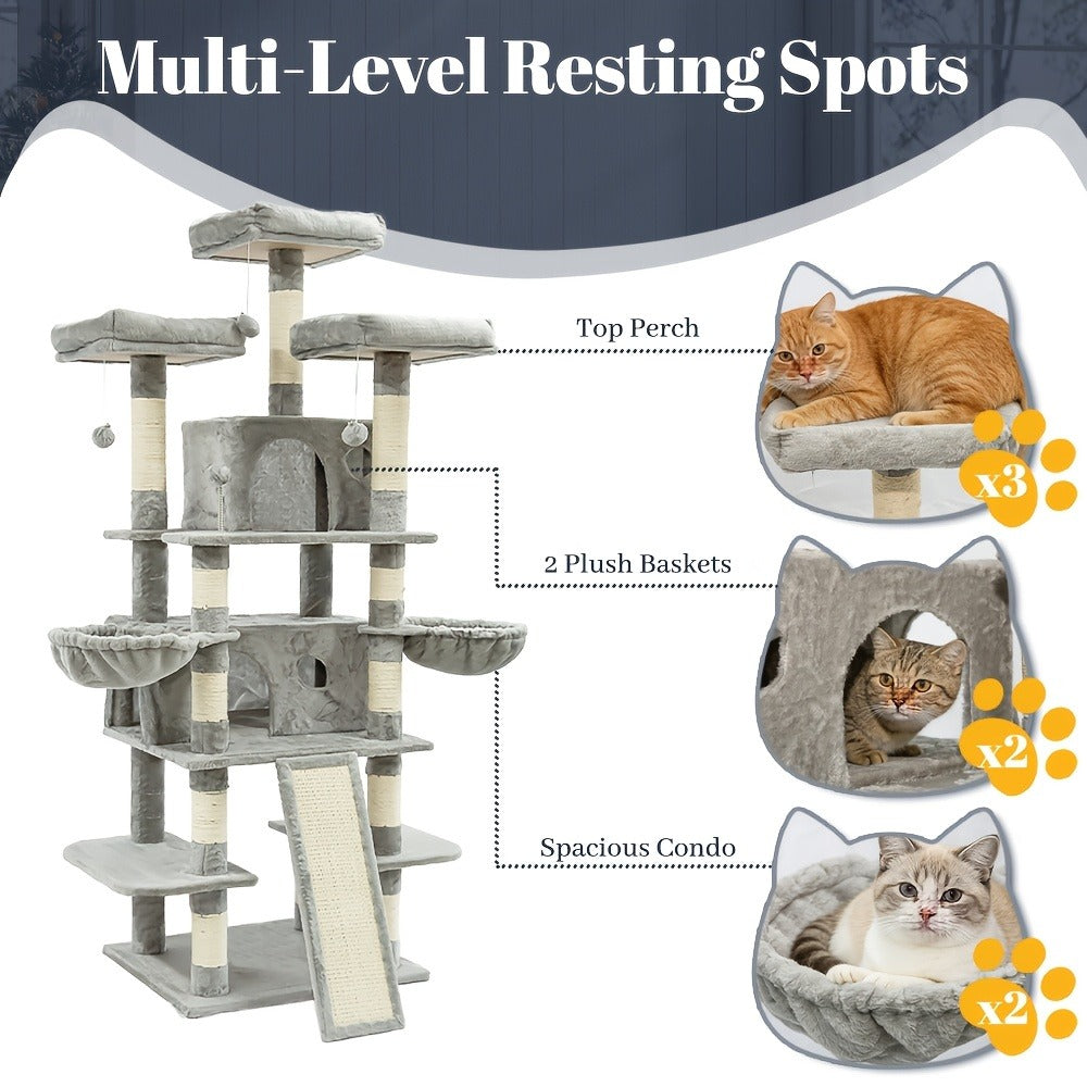 Large Multi-Level Cat Tree Tower – 68–81 Inch Tall Cat Condo with 2 Condos, 3 Plush Perches, Scratching Posts & Cat Hair Brush