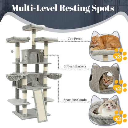 Large Multi-Level Cat Tree Tower – 68–81 Inch Tall Cat Condo with 2 Condos, 3 Plush Perches, Scratching Posts & Cat Hair Brush