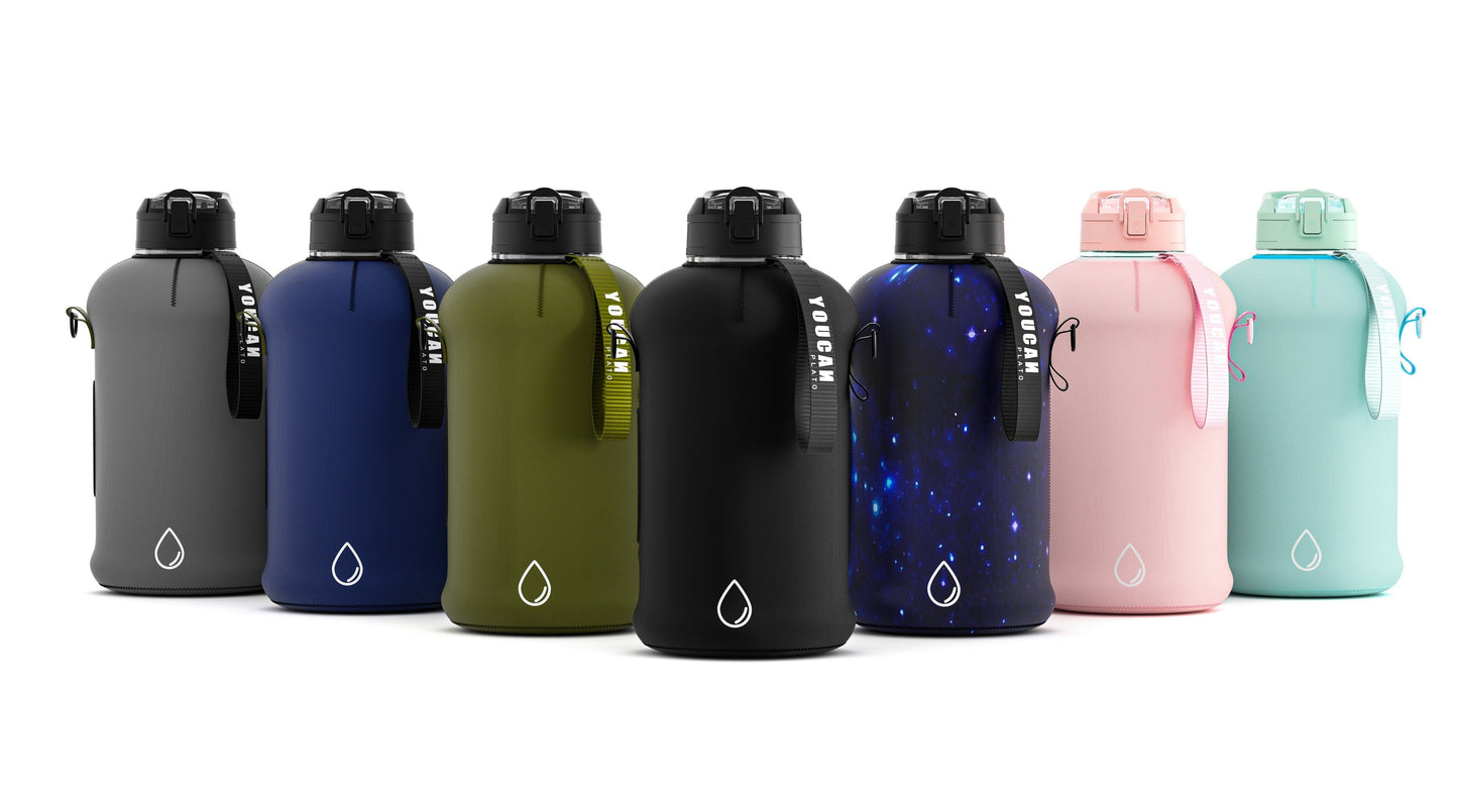 Half Gallon Water Bottle 74oz with Insulated Sleeve, Straw & Time Marker – BPA Free Leakproof Large Sports Jug with Carrying Handle & Strap for Gym, Fitness & Outdoor