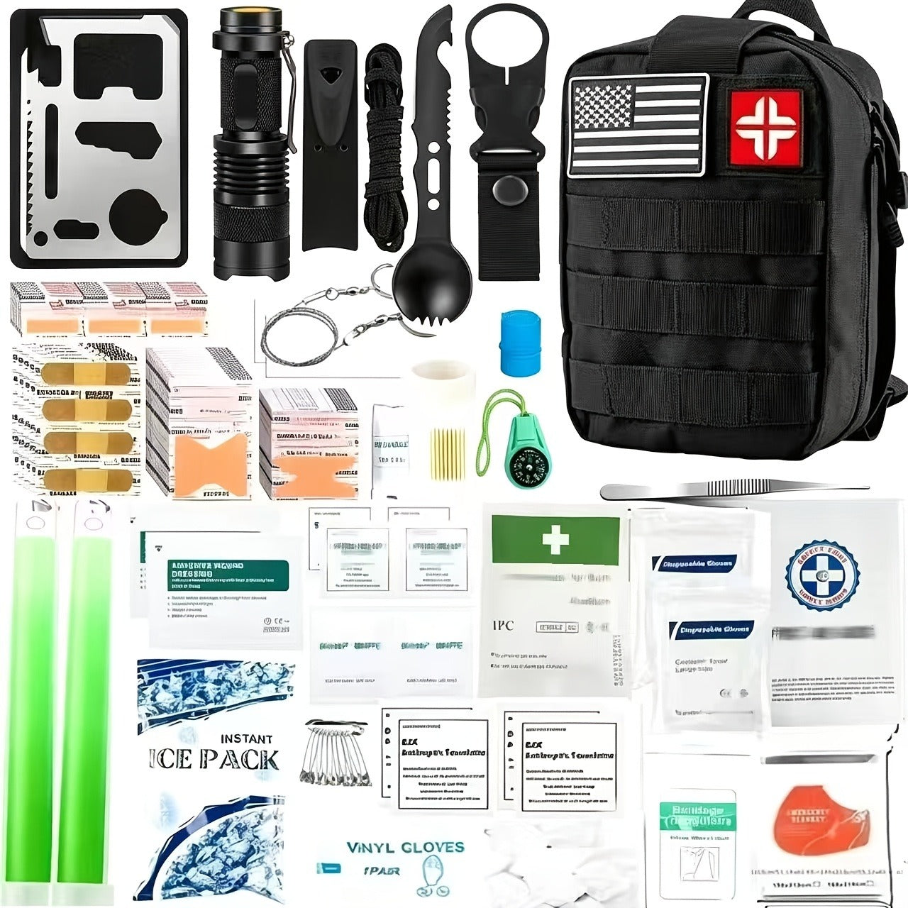 217 Piece Survival Kit with First Aid Kit & Molle Storage Bag - Emergency Gear Set for Camping, Hiking, Outdoor Adventure, Home & Office, Perfect Gift for Men, Dad, Husband, Son - Orange Green Khaki Black Red Camouflage