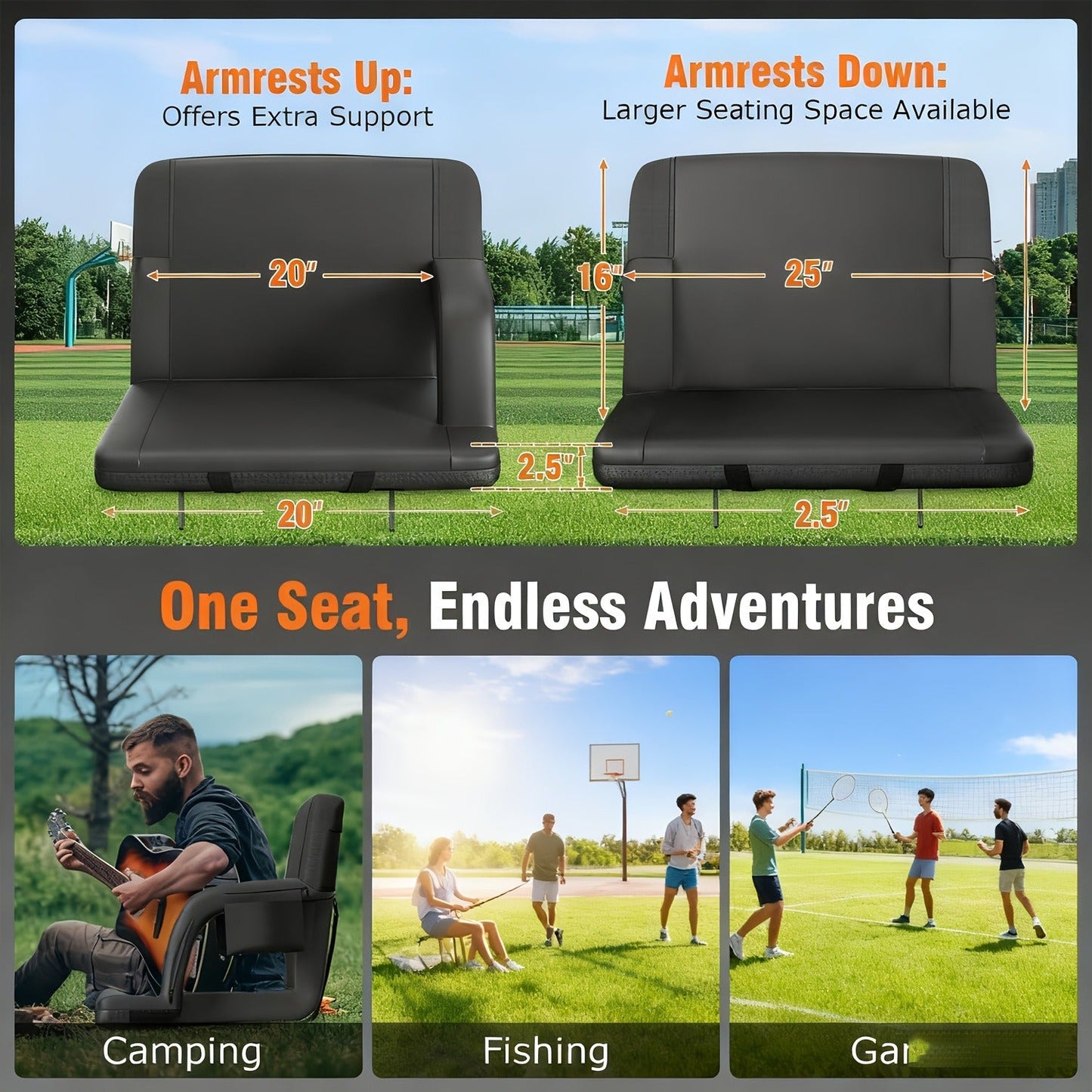 Heated Stadium Seat with Back Support for Bleachers 6 Reclining Positions 3 Heat Levels Dual-Zone USB Heated Bleacher Chair with 5 Storage Pockets Adjustable Armrests Portable Backpack Strap for Sports Games Concerts Outdoor Events