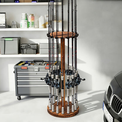 Fishing Rod Rack Holds 16 Rods - Circular Wooden Pole Holder with 360° Rotating Base Option - Space-Saving Wall-Free Fishing Rod Organizer for Garage, Basement & Home Storage