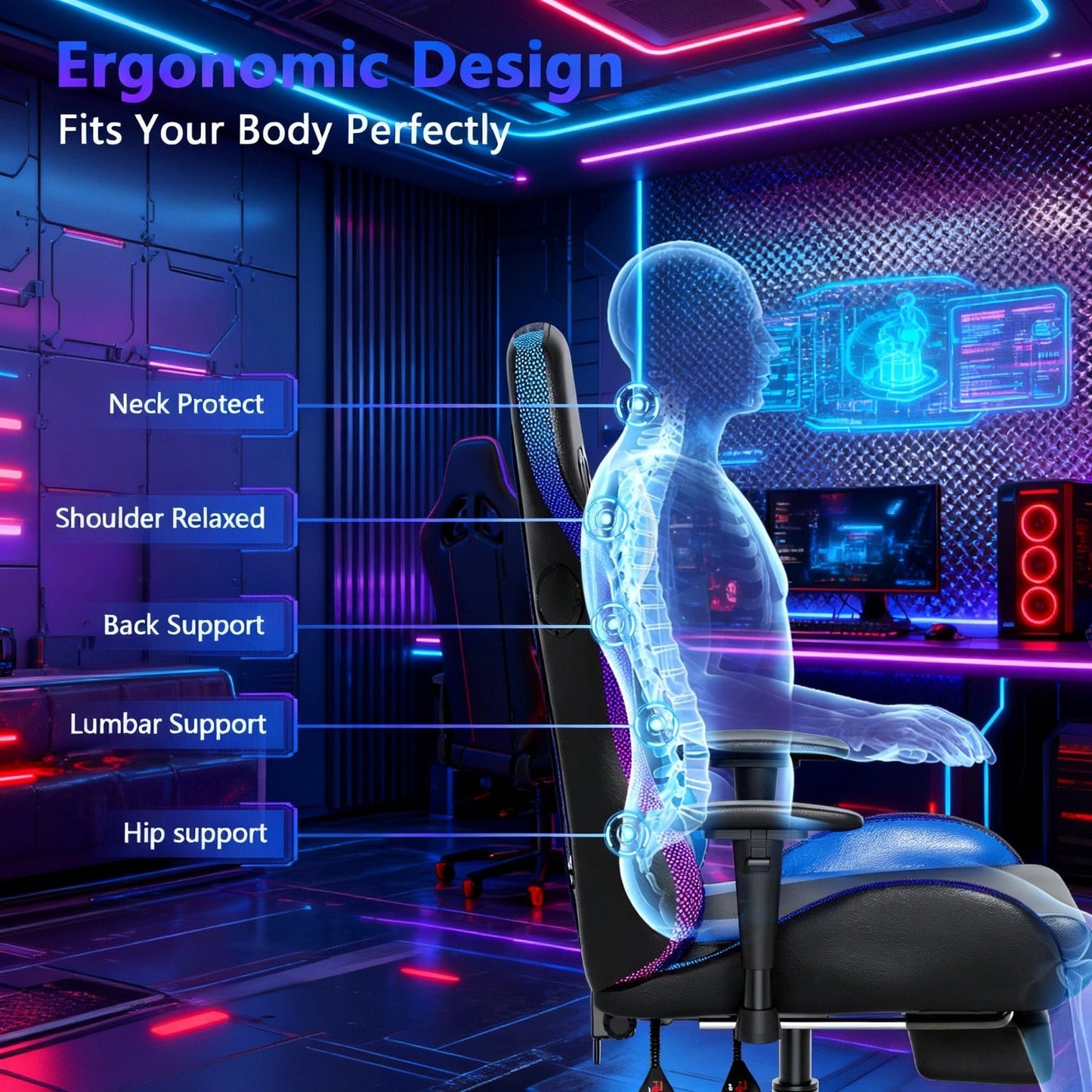 Gaming Chair with Massage and Bluetooth Speaker – RGB LED Lights, 135° Reclining with Footrest, 7-Point Vibration, 3D Adjustable Arms, 360° Swivel, Heavy Duty 400 lbs Big & Tall Ergonomic Chair, Blue Black