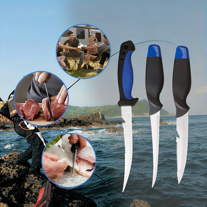 Fishing Knife Set 3-Piece Stainless Steel Fillet Boning Knife with Cut Resistant Gloves Fishing Line Cutter Stretch Rope for Fishing Camping Carving