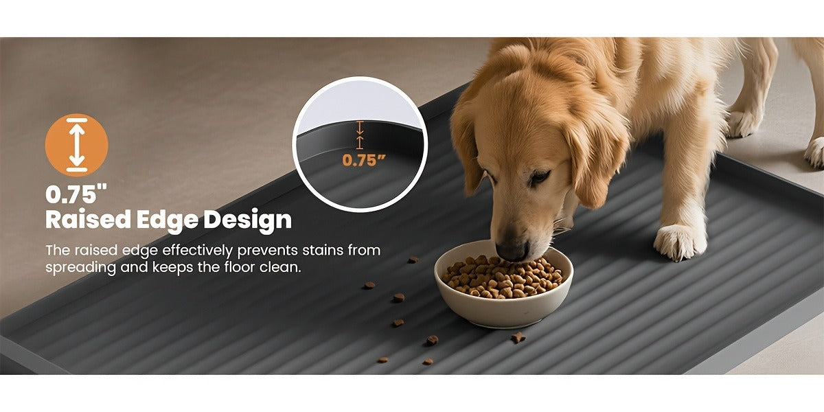 Waterproof Pet Feeding Mat 36"x24" Non-Slip Dog Bowl Mat with Raised Edges & Diversion Grooves - Large Food and Water Mat for Dogs & Cats, Easy-Clean Floor Protector, Grey