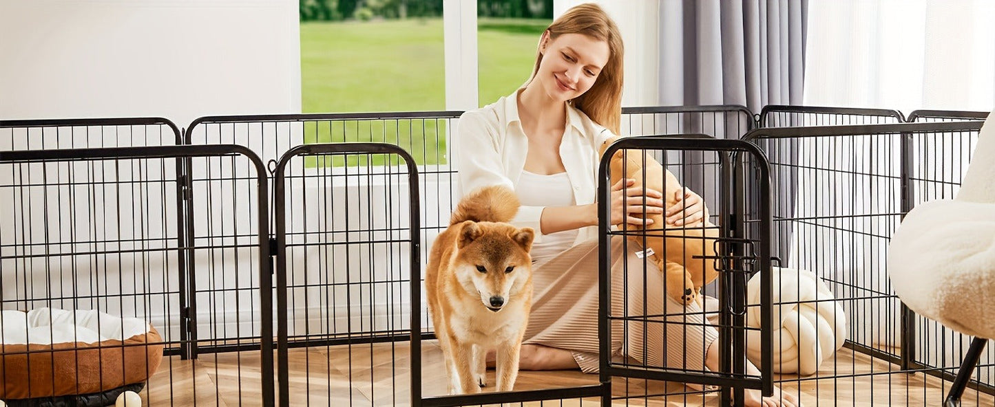 Metal Dog Playpen with Door DIY 8 or 16 Panel Foldable Pet Pen for Small Medium Large Dogs Puppies Easy Assemble Indoor Outdoor Use 24 32 40 Inch Height