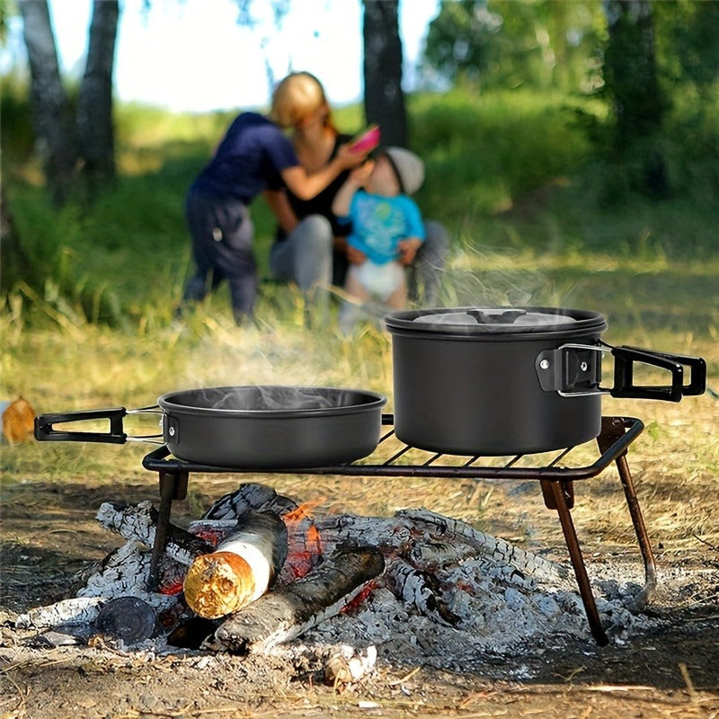 Camping Cookware Set for 2-3 People, Portable Aluminum Outdoor Cooking Kit with Pot, Frying Pan, Kettle & Cutlery, Lightweight Foldable Camp Kitchen Gear for Hiking, Backpacking & Travel