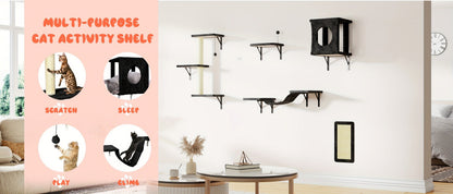 Cat Wall Shelves 5-Piece Set - Wall-Mounted Cat Furniture with Floating Perch, Cat Climber, Bridge & Cat Bed, Modern Cat Tree Alternative for Indoor Cats, Black / Grey / Beige