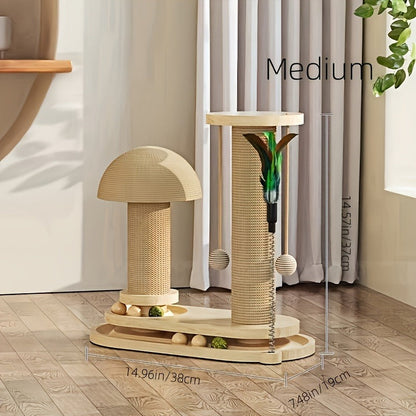 Cat Scratching Post Sisal Vertical Scratcher – Solid Wood Base, Wear-Resistant Rope, Multiple Styles: Standard, Mushroom & Dolphin Shapes, Sizes S/M/L, Cat Climbing Frame with Teaser Wand