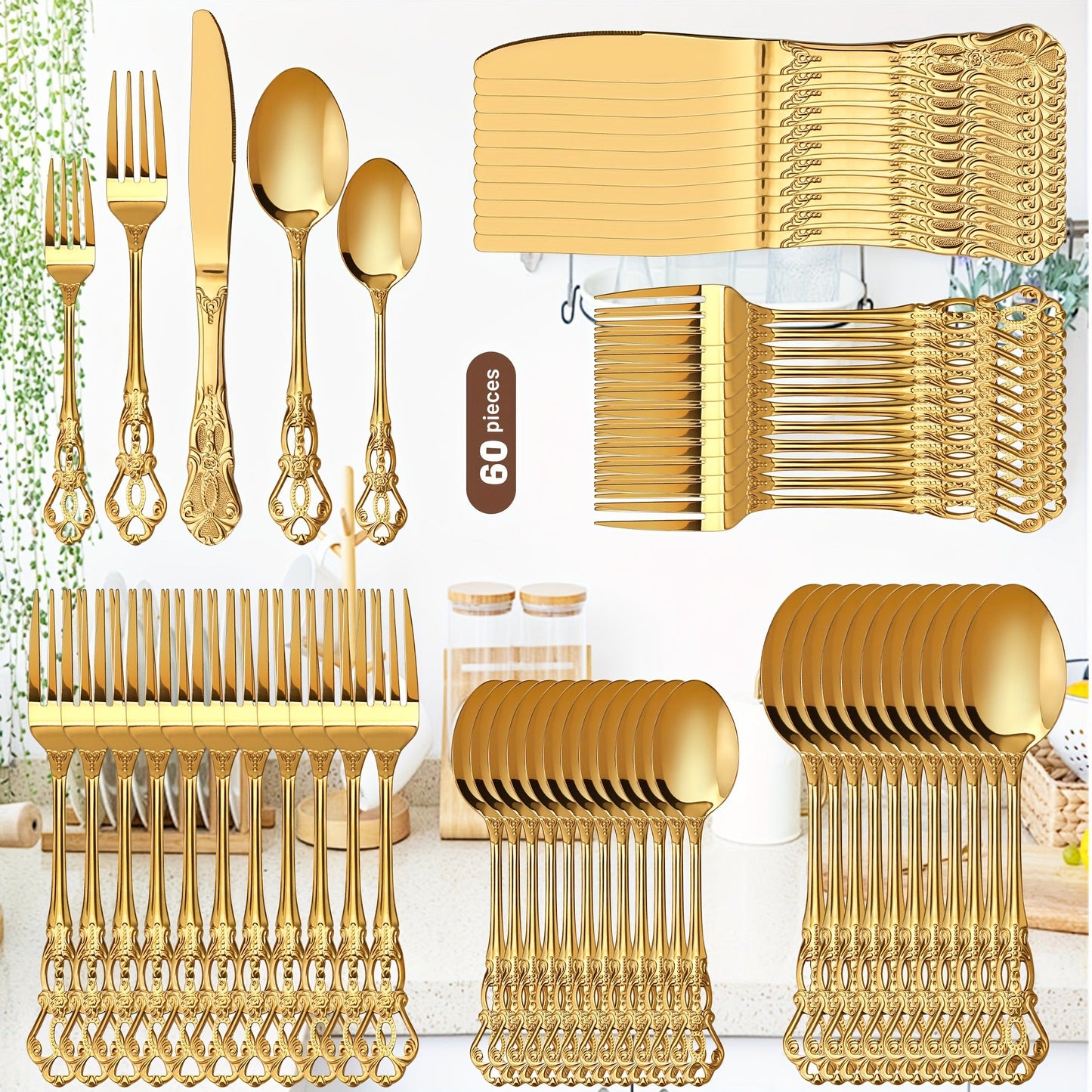 Stainless Steel Flatware Set – Vintage Royal Golden & Silver Silverware Set for 6, Rust-Resistant Dishwasher Safe Cutlery with Forks, Spoons & Knives – Available in 30 / 48 / 60 / 84 Piece Sets