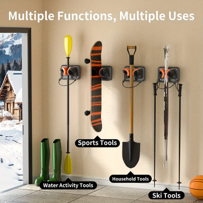 Wall-Mounted Ski & Sports Equipment Storage Rack – Heavy Duty Garage Organizer Hook Set, Holds Up to 100 lbs, Space-Saving Wall Mount for Skis, Poles, Tools & Household Items, Home & Garage Use, 4-Pack