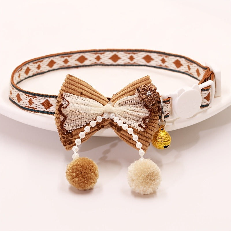 Cat Collar Set 6 Pack Decorative with Bow Lace Bells & Hanging Beads, Safety Breakaway Buckle Anti-Choke Cat Necklace Collar, Stylish Pet Collar Gift Set for Cats & Small Dogs
