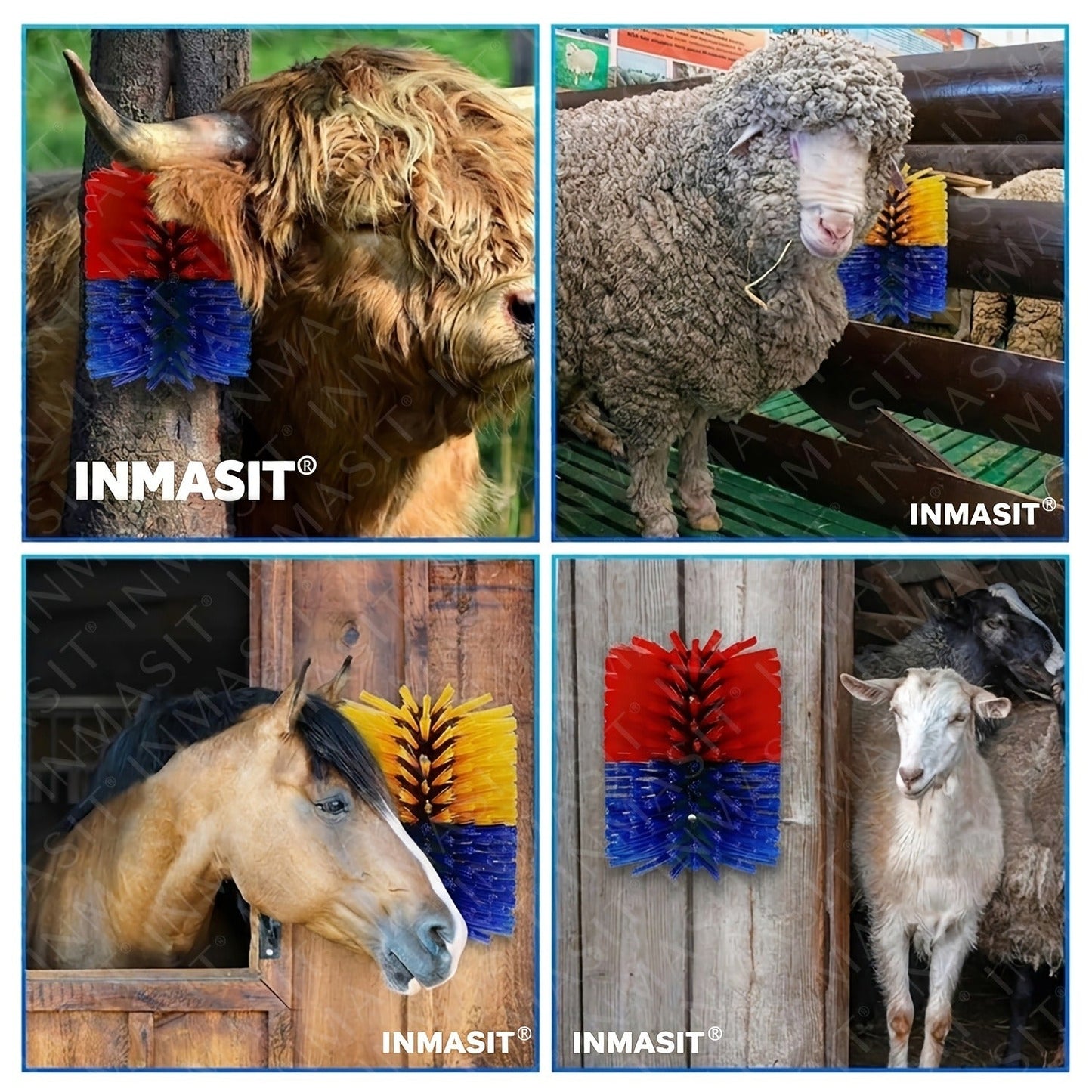 Livestock Grooming Brush Scratcher 8.7" – All-in-One Massage & Itch Relief Tool for Horse, Cow, Goat & Pig | Easy Install with 4 Screws, Battery-Free Stress Reduction, Red/Blue & Yellow/Blue