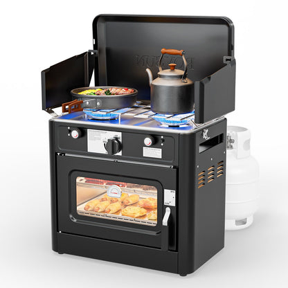 Camping Stove with Oven 2-in-1 – Portable Propane Double Burner 16,000 BTU & Outdoor Oven Combo with Auto-Ignition & Thermometer | Camping, Backyard & Picnic Cooking