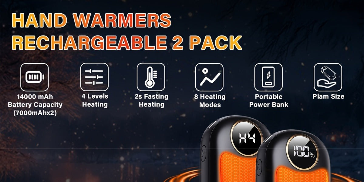 Rechargeable Hand Warmers 2 Pack – Dual-Sided Electric Pocket Heater with Power Bank & LED Light, 36Hrs Warmth, 4 Heat Levels, Portable Reusable Handwarmer Gift for Men & Women, Deep Black / Orange