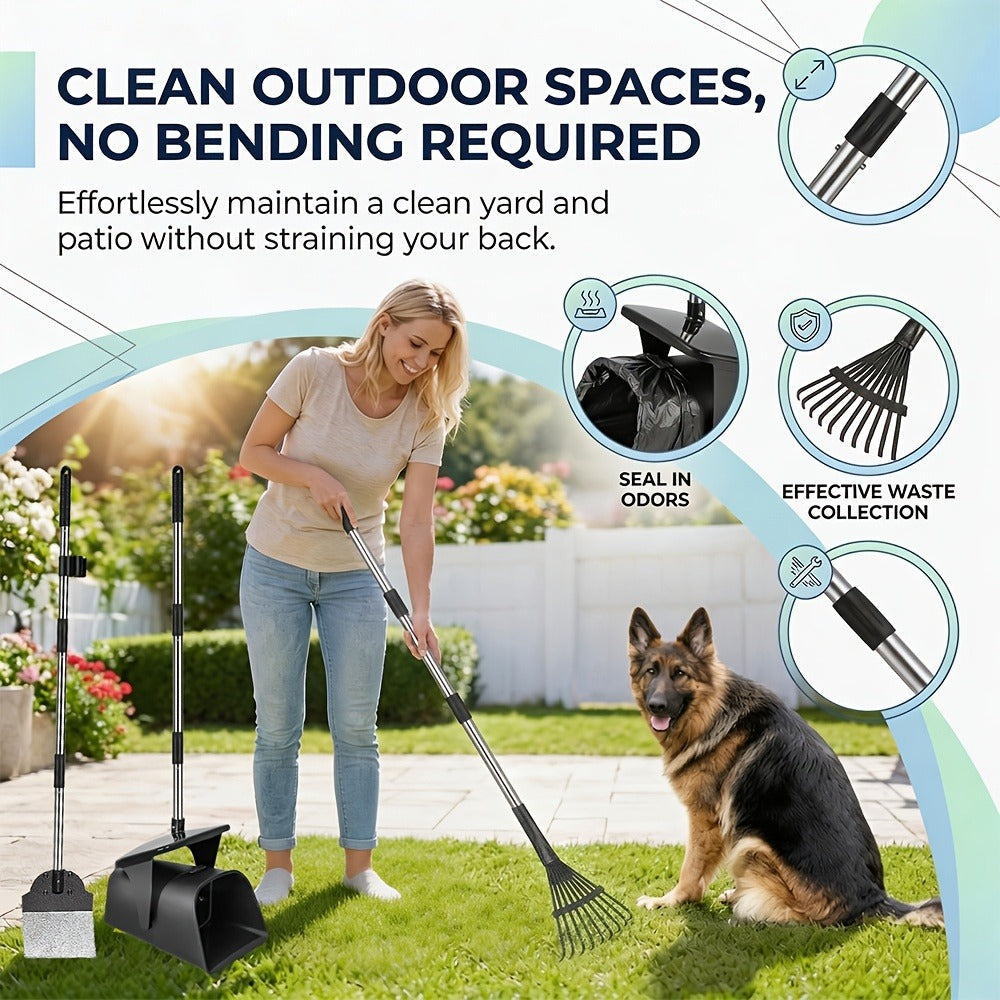 Dog Pooper Scooper with Long Handle & Swivel Bin - Heavy Duty Rake Spade Set, 40 Waste Bags Included, Pet Waste Removal for Yard Grass Gravel