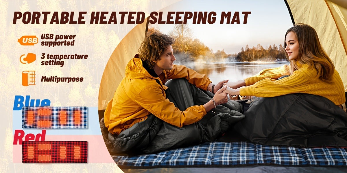 Heated Sleeping Bag Liner with 5 Heating Zones – Electric Sleeping Bag Mat, 3-Level USB Heat Control for Cold Weather Camping, Backpacking & Hiking | Blue & Red (Battery Not Included)