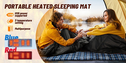 Heated Sleeping Bag Liner with 5 Heating Zones – Electric Sleeping Bag Mat, 3-Level USB Heat Control for Cold Weather Camping, Backpacking & Hiking | Blue & Red (Battery Not Included)
