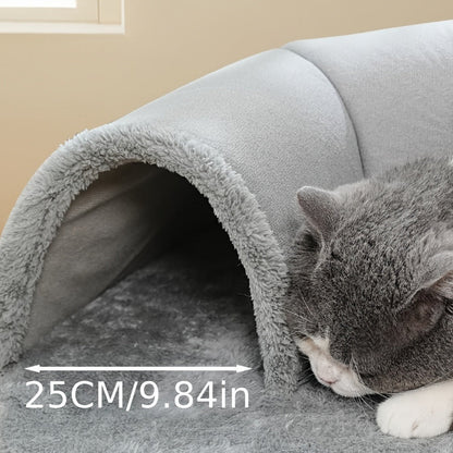 Cat Tunnel Bed 3-in-1 Play Mat & Warm Nest with Non-Slip Base, Durable Chew-Resistant Polyester Cat Bed for Indoor Cats, Soft Gray White Design, S & M Sizes for Cats Rabbits Hamsters