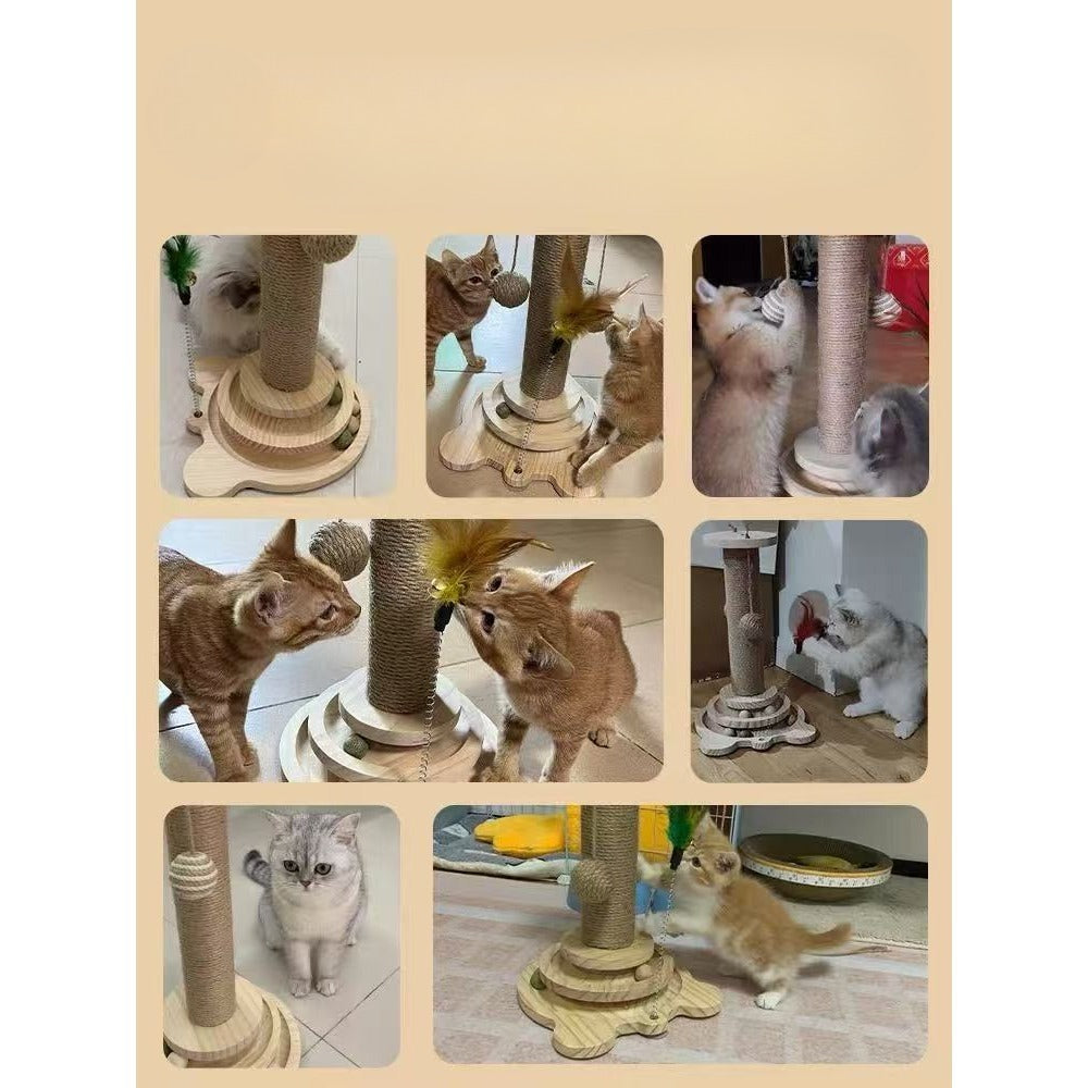 Sisal Cat Scratching Post with Hanging Ball & Turntable Interactive Toy 18.1 Inch - Sturdy Non-Slip Base Suction Cup Bottom for Kittens & Adult Cats, Furniture Protector Scratcher
