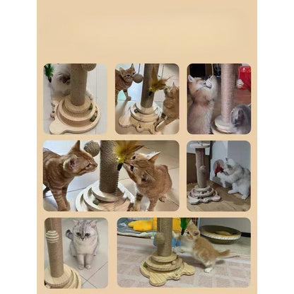 Sisal Cat Scratching Post with Hanging Ball & Turntable Interactive Toy 18.1 Inch - Sturdy Non-Slip Base Suction Cup Bottom for Kittens & Adult Cats, Furniture Protector Scratcher