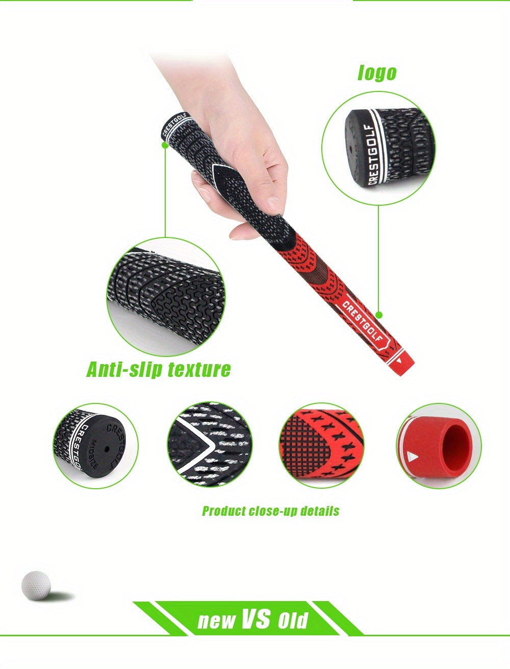 Midsize Golf Grips Set 13 Pack – All Weather Hybrid Rubber Golf Club Grips with Ecological Yarn Thread Technology, Multiple Colors, Fits Full Set of Clubs (Black, White, Red, Orange, Yellow, Blue, Gray)