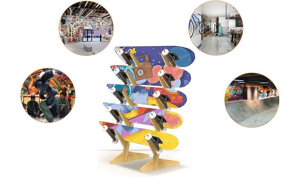 Skateboard Storage Rack 5-Layer Freestanding Wood Display Stand – Holds Longboards, Snowboards & Decks, 75° Angled Shelf with Non-Slip Base, DIY Paintable Pine Wood, Bedroom & Garage Organizer