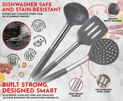 Silicone Kitchen Utensils Set 25pcs Nonstick Cooking Utensils with Stainless Steel Handle Food-Grade Silicone Spatulas Spoons Tongs Complete Kitchen Tool Set for Indoor Outdoor Cooking Grey Black Coffee