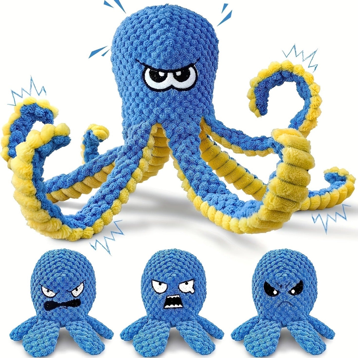 Tough Dog Chew Toy Octopus - Squeaky Stuffed Interactive Dog Toys for Large Dogs, Crinkle Tug of War Plush Dog Toy to Keep Dogs Busy, Durable Dog Toys 1/2/4 Pack - Blue & Yellow Octopus