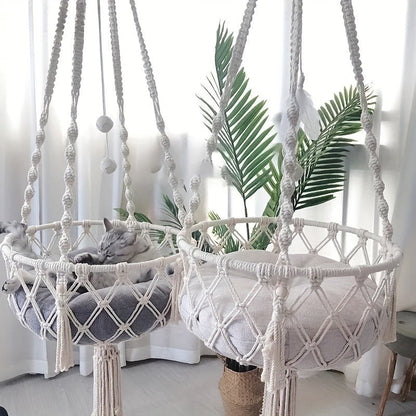 Hand-Woven Rope Cat Hammock & Swing Bed – Indoor Cat Nest Basket for 1-2 Cats, 11.81" & 15.75" Diameter