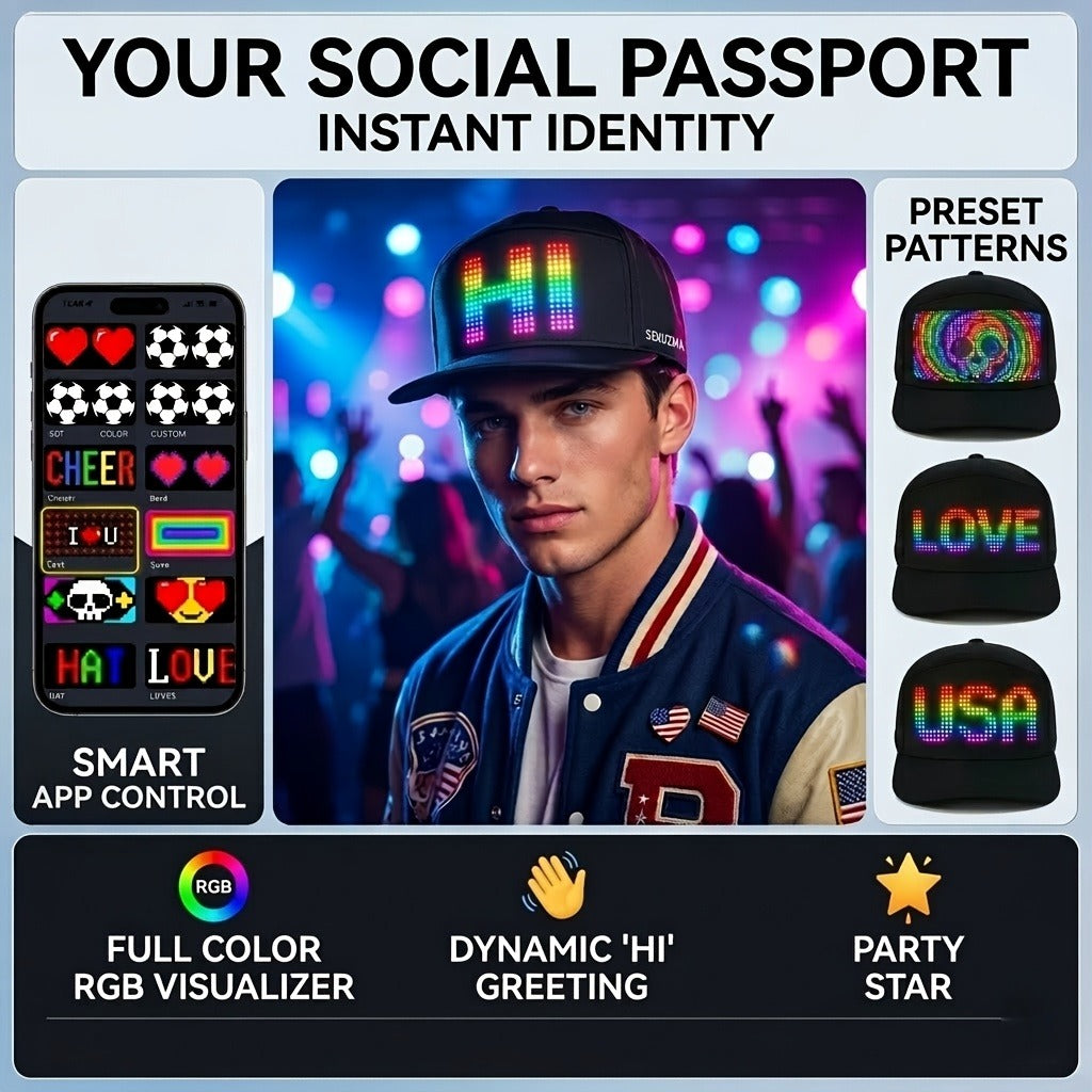 Programmable LED Hat with APP Control – Custom Text, Animation & Graffiti Display, USB Rechargeable, Adjustable Fit for Men & Women, Glowing Light-Up Cap for Party, Festival, Wedding & Carnival