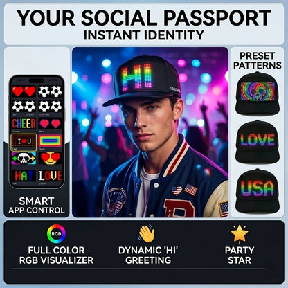 Programmable LED Hat with APP Control – Custom Text, Animation & Graffiti Display, USB Rechargeable, Adjustable Fit for Men & Women, Glowing Light-Up Cap for Party, Festival, Wedding & Carnival