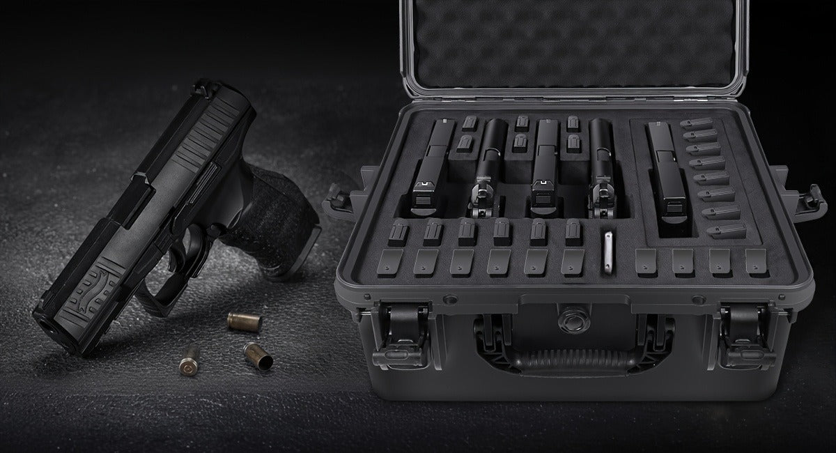 Hard Pistol Case Holds 5 Handguns & 30 Magazines - Lockable Travel Gun Case with Pre-Cut Foam, Silica Gel Canister, ABS Hard Shell, Multiple Pistol Storage Box for Handguns Under 11 Inches
