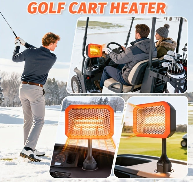 400W Electric Golf Cart Heater Carbon Fiber Fast Heating 360° Adjustable Angle Battery Powered Portable Heater with Cup Holder Adapter Compatible with 48V Golf Cart Systems Golf Cart Accessories