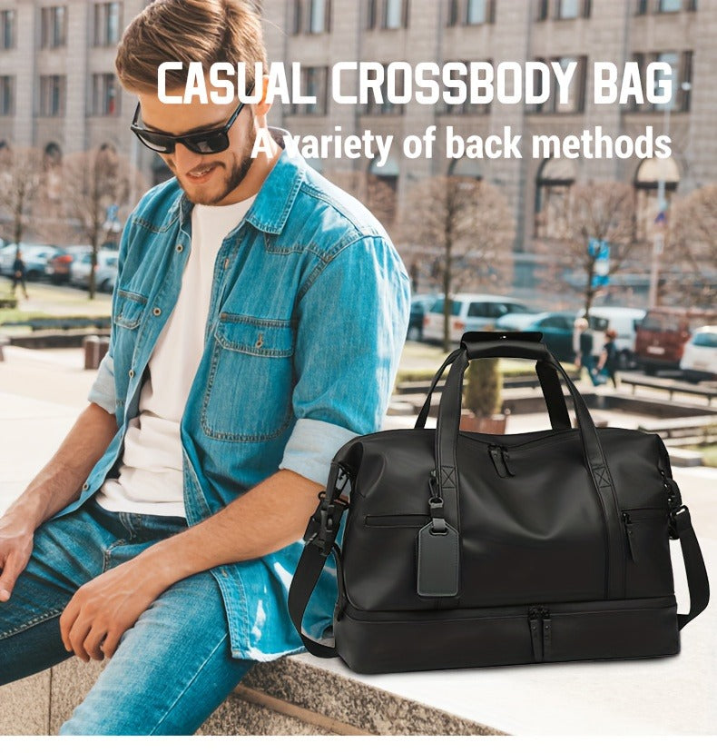 Gym Duffel Bag with Wet Pocket & Shoe Compartment - Foldable PU Leather Sports Travel Bag for Workouts, Weekend Trips & Everyday Use, Lightweight Carry-On Luggage Bag for Men Women (Black/Blue/Grey)