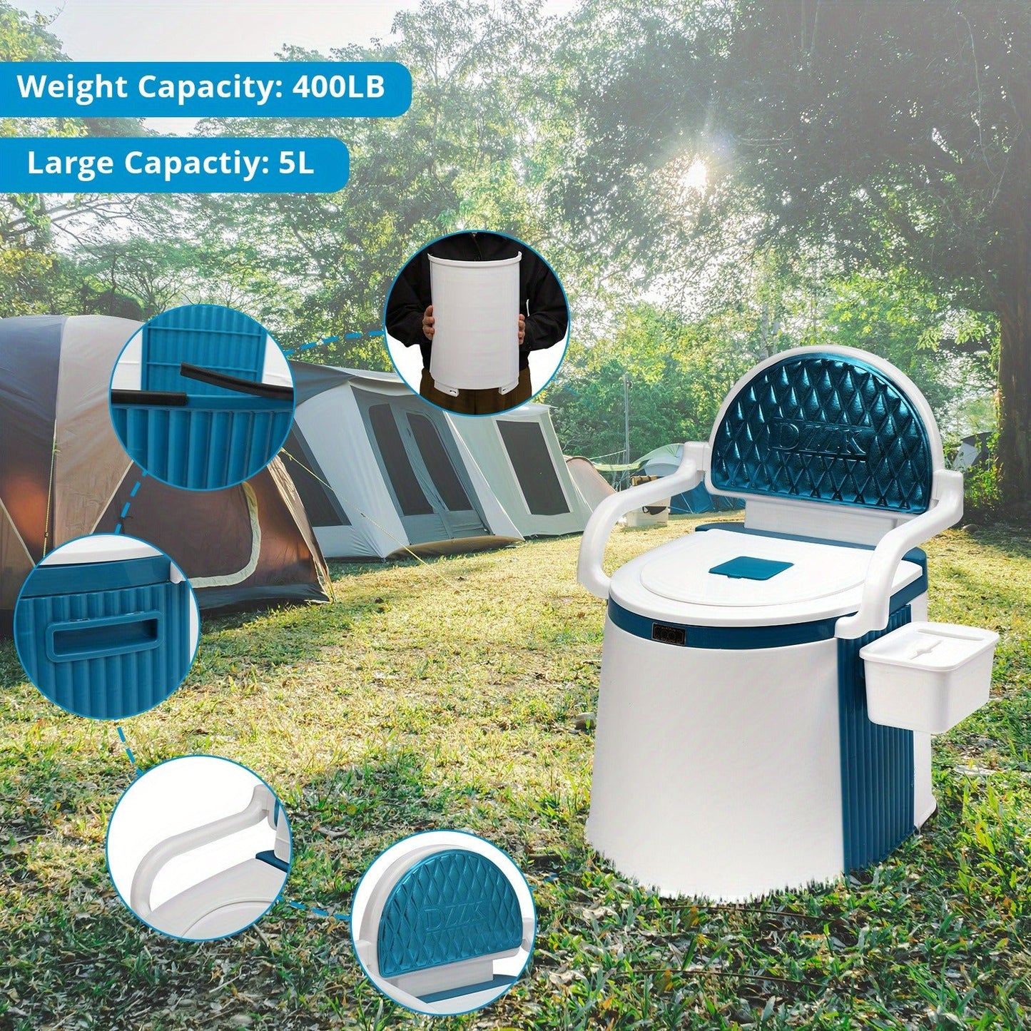 Portable Camping Toilet with Backrest – 350lb Capacity, 6-8 Gal Detachable Bucket, Anti-Slip Base, Built-in TP Holder & Phone Shelf – Lightweight Commode for RV, Boat, Travel & Medical Use