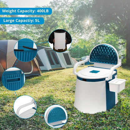 Portable Camping Toilet with Backrest – 350lb Capacity, 6-8 Gal Detachable Bucket, Anti-Slip Base, Built-in TP Holder & Phone Shelf – Lightweight Commode for RV, Boat, Travel & Medical Use