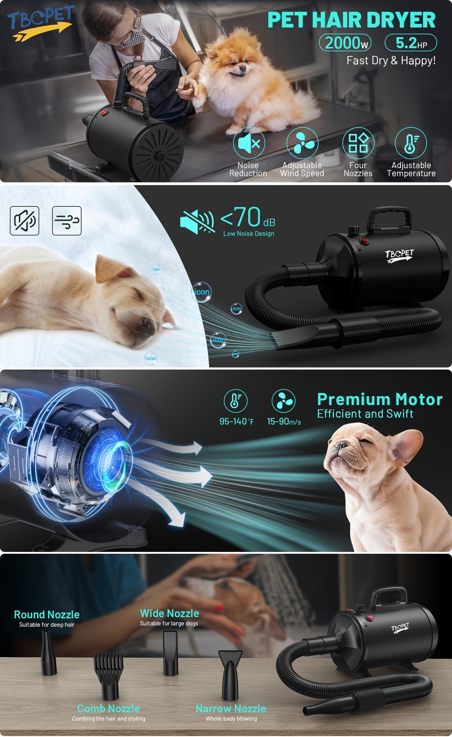 Dog Hair Dryer 3800W High Power - Professional Pet Grooming Blow Dryer with Adjustable Speed & Temperature Control, 4 Nozzles for Dogs & Cats, Easy to Use & Clean