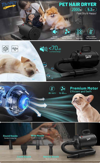 Dog Hair Dryer 3800W High Power - Professional Pet Grooming Blow Dryer with Adjustable Speed & Temperature Control, 4 Nozzles for Dogs & Cats, Easy to Use & Clean