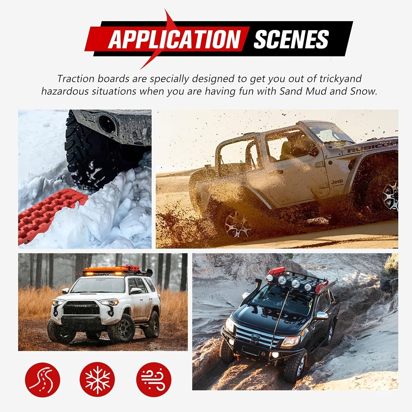 Off-Road Traction Boards Recovery Tracks 2-Pack – 10-Ton Capacity, 40”×11.8” PP Traction Mats for Sand, Mud & Snow, 4x4 Vehicle Recovery Boards with Carry Bag & Leash, Orange/Red/Black