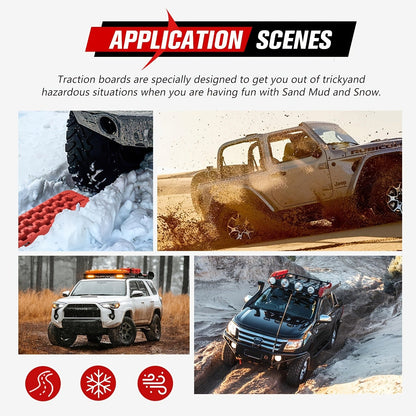 Off-Road Traction Boards Recovery Tracks 2-Pack – 10-Ton Capacity, 40”×11.8” PP Traction Mats for Sand, Mud & Snow, 4x4 Vehicle Recovery Boards with Carry Bag & Leash, Orange/Red/Black