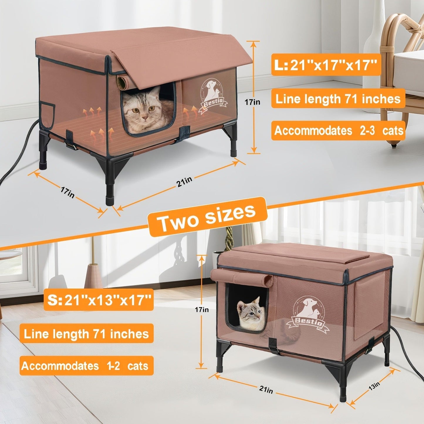 Heated Cat House 3-in-1 with Removable Warming Pad, Elevated Cat Bed for Indoor & Outdoor Cats, Chew-Resistant Cord, Double Door Cat Cave, All-Season Cat Shelter & Condo