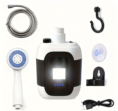 Portable Outdoor Shower with Light 2-in-1 – 2000mAh Rechargeable, Power Display, Spray Nozzle, Hose & Suction Cup – Camping, Hiking, Pet Bathing & Car Cleaning Shower Pump